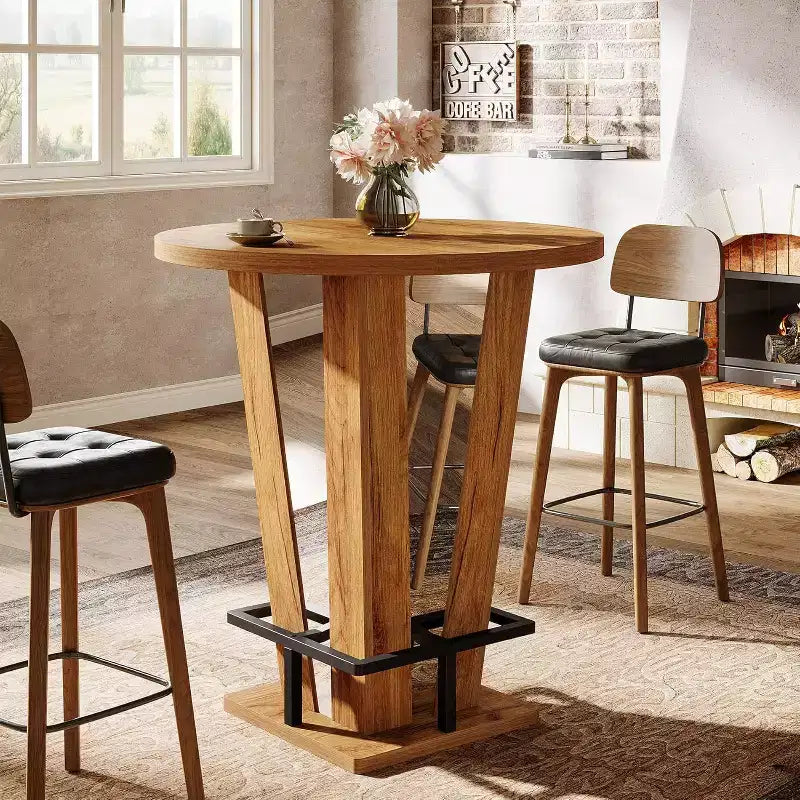 Table de bar ronde Lantine, table de bistrot haute 39,4 H avec repose-pieds en métal pour salon, petits espaces (table uniquement) (marron)