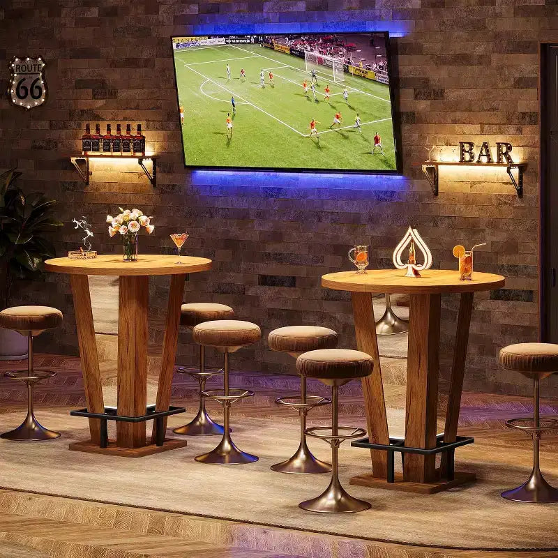 Table de bar ronde Lantine, table de bistrot haute 39,4 H avec repose-pieds en métal pour salon, petits espaces (table uniquement) (marron)