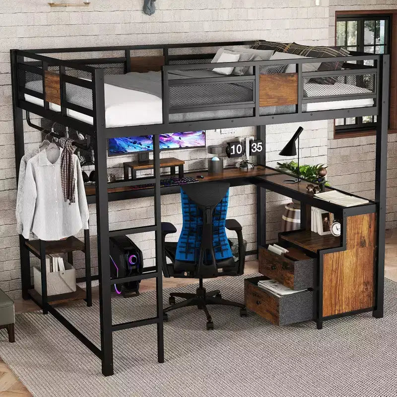 GDFStudio Torres Metal Loft Bed with Desk and Storage Drawers