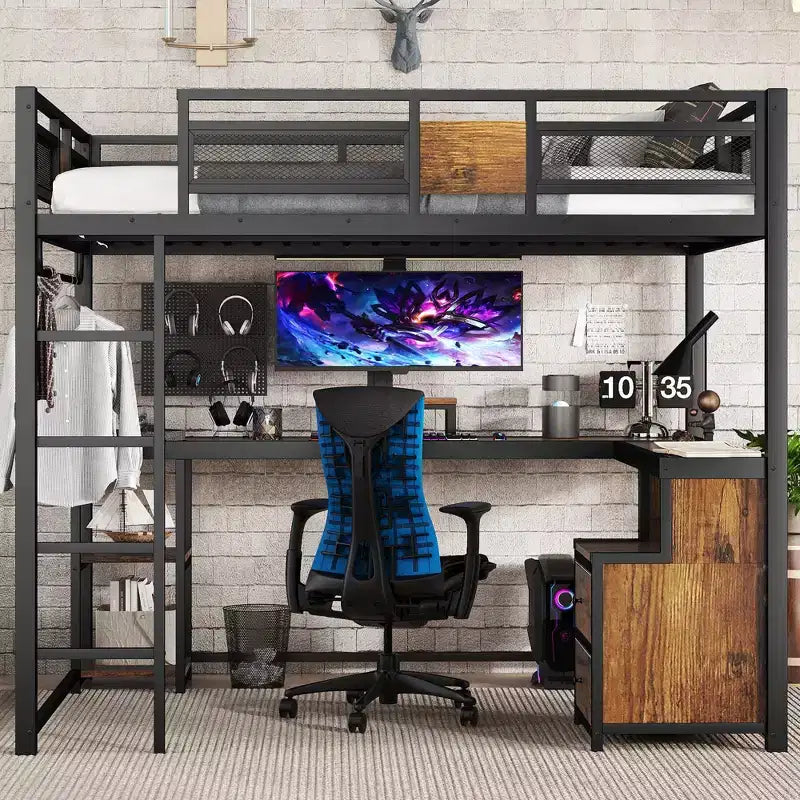 Lit mezzanine en métal Torres avec bureau et tiroirs de rangement GDFStudio