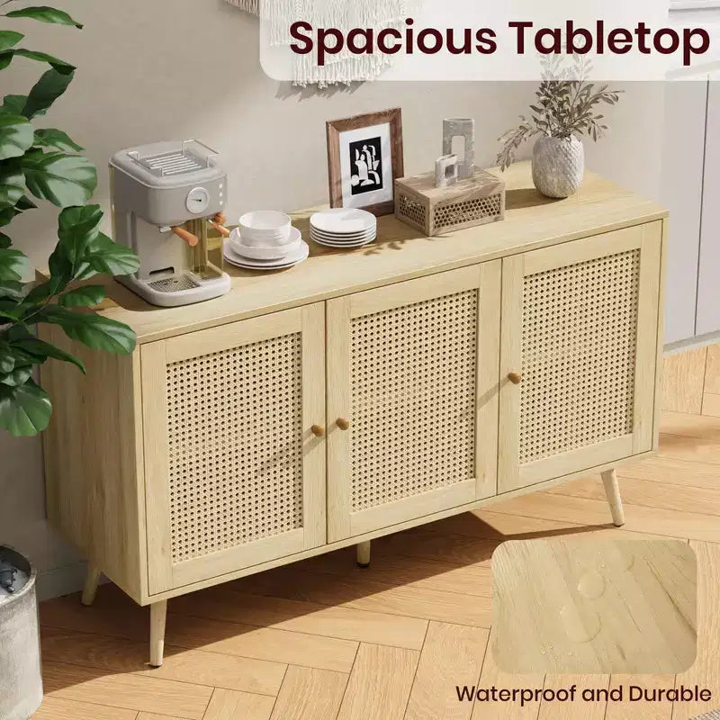 Coolmee Armoire de buffet en rotin 47,2 po avec rangement, buffet moderne avec étagères réglables, crédence de bar à café pour cuisine, salon, entrée.