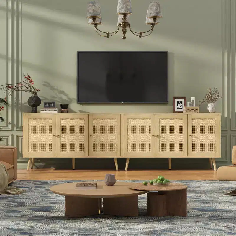 Coolmee Armoire de buffet en rotin 47,2 po avec rangement, buffet moderne avec étagères réglables, crédence de bar à café pour cuisine, salon, entrée.