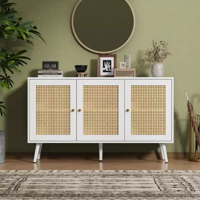 Coolmee Armoire de buffet en rotin 47,2 po avec rangement, buffet moderne avec étagères réglables, crédence de bar à café pour cuisine, salon, entrée.