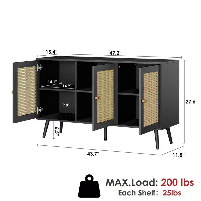 Coolmee Armoire de buffet en rotin 47,2 po avec rangement, buffet moderne avec étagères réglables, crédence de bar à café pour cuisine, salon, entrée.