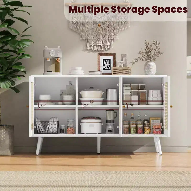 Coolmee Armoire de buffet en rotin 47,2 po avec rangement, buffet moderne avec étagères réglables, crédence de bar à café pour cuisine, salon, entrée.