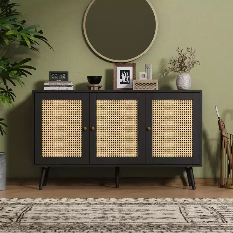 Coolmee Armoire de buffet en rotin 47,2 po avec rangement, buffet moderne avec étagères réglables, crédence de bar à café pour cuisine, salon, entrée.