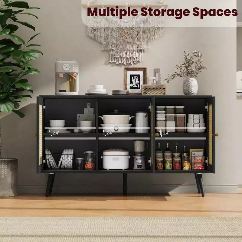 Coolmee Armoire de buffet en rotin 47,2 po avec rangement, buffet moderne avec étagères réglables, crédence de bar à café pour cuisine, salon, entrée.