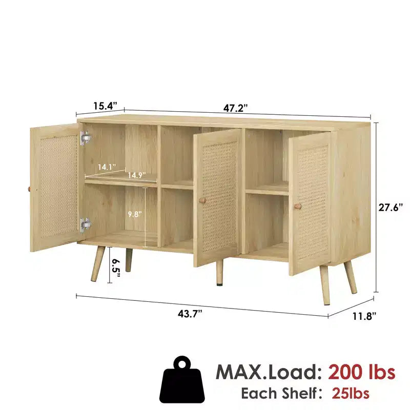 Coolmee Armoire de buffet en rotin 47,2 po avec rangement, buffet moderne avec étagères réglables, crédence de bar à café pour cuisine, salon, entrée.