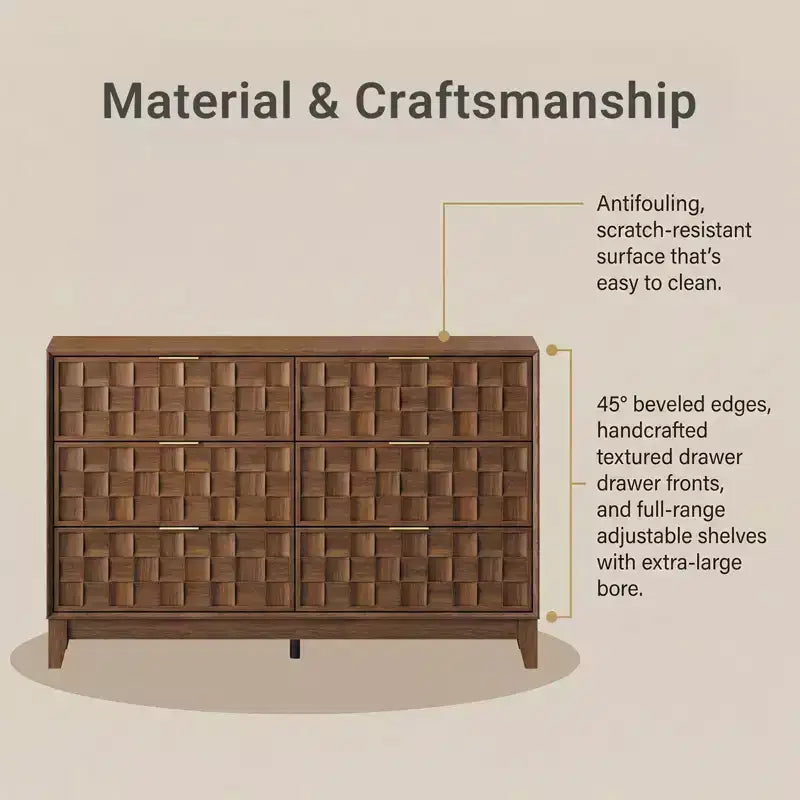 Commode Ora Maison à 6 tiroirs pour chambre à coucher, Grand coffre de rangement, Plateau résistant aux rayures, Bords biseautés, Dispositif anti-basculement inclus