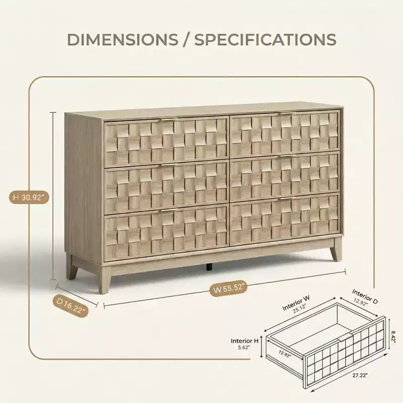 Commode Ora Maison à 6 tiroirs pour chambre à coucher, Grand coffre de rangement, Plateau résistant aux rayures, Bords biseautés, Dispositif anti-basculement inclus
