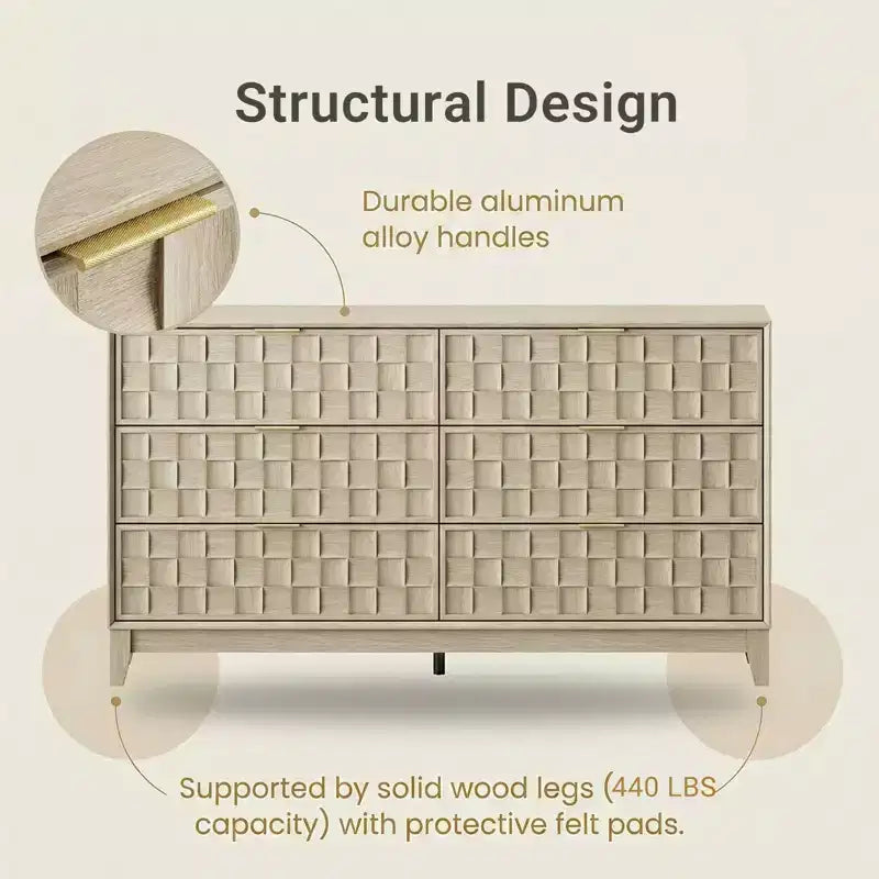 Commode Ora Maison à 6 tiroirs pour chambre à coucher, Grand coffre de rangement, Plateau résistant aux rayures, Bords biseautés, Dispositif anti-basculement inclus