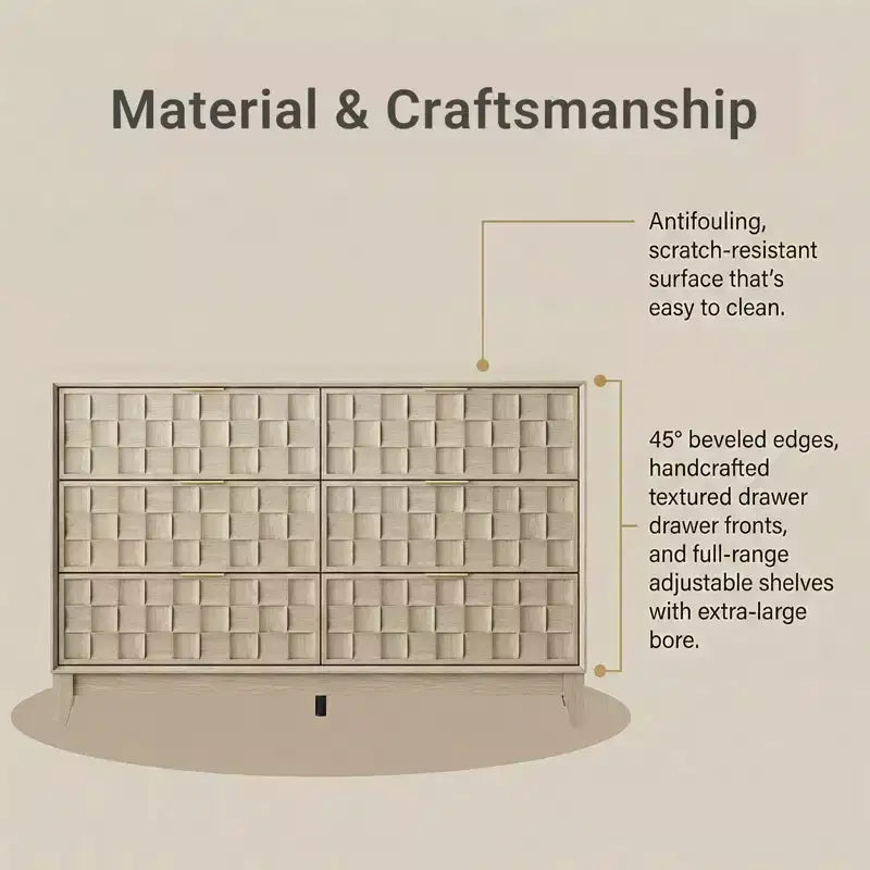 Commode Ora Maison à 6 tiroirs pour chambre à coucher, Grand coffre de rangement, Plateau résistant aux rayures, Bords biseautés, Dispositif anti-basculement inclus