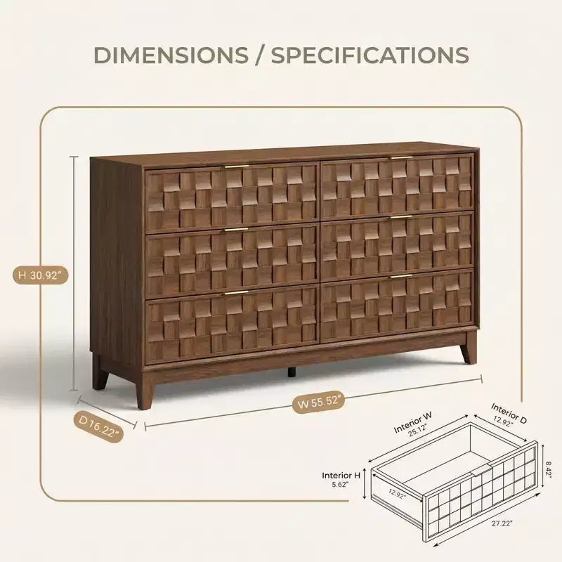 Commode Ora Maison à 6 tiroirs pour chambre à coucher, Grand coffre de rangement, Plateau résistant aux rayures, Bords biseautés, Dispositif anti-basculement inclus