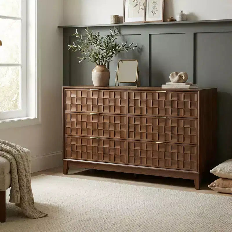 Commode Ora Maison à 6 tiroirs pour chambre à coucher, Grand coffre de rangement, Plateau résistant aux rayures, Bords biseautés, Dispositif anti-basculement inclus