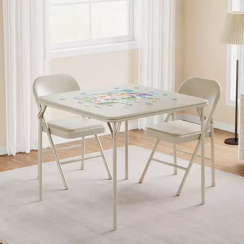 3-Piece Dining Table Set, Metal Folding Kitchen Table with 2 Upholstered Chairs, Space-Saving Design, Faux Leather Cushions, for Dining Room