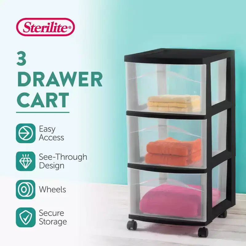 Chariot de rangement Sterilite à 3 tiroirs, Organiseur roulant moyen en plastique, Noir, Lot de 2