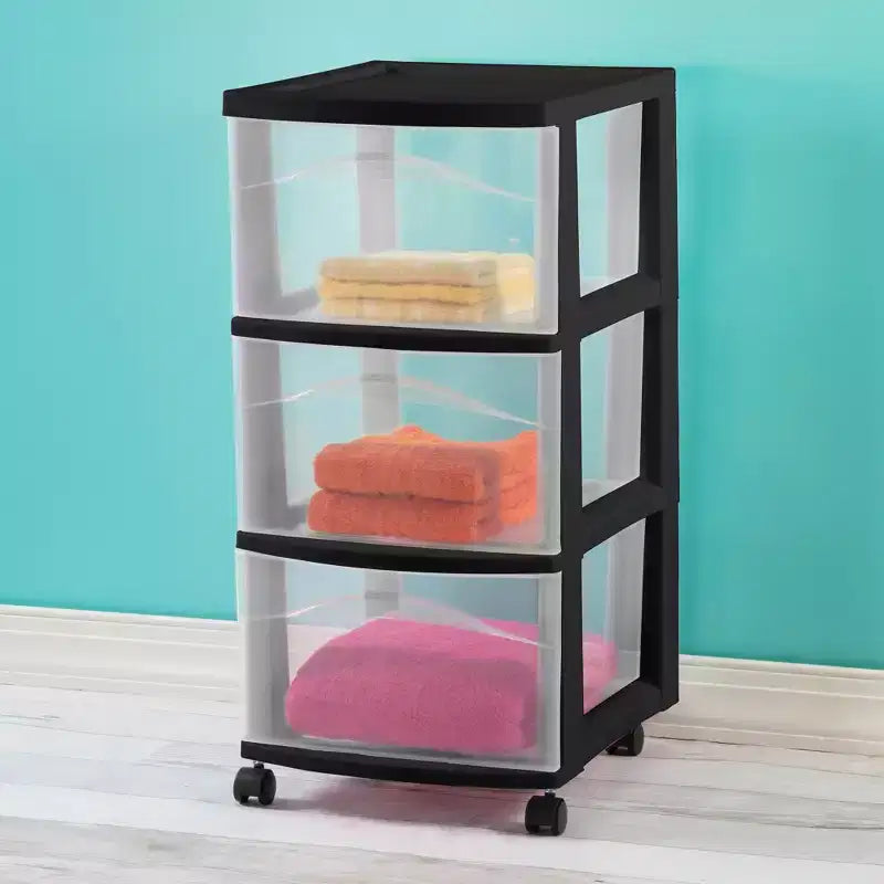 Chariot de rangement Sterilite à 3 tiroirs, Organiseur roulant moyen en plastique, Noir, Lot de 2