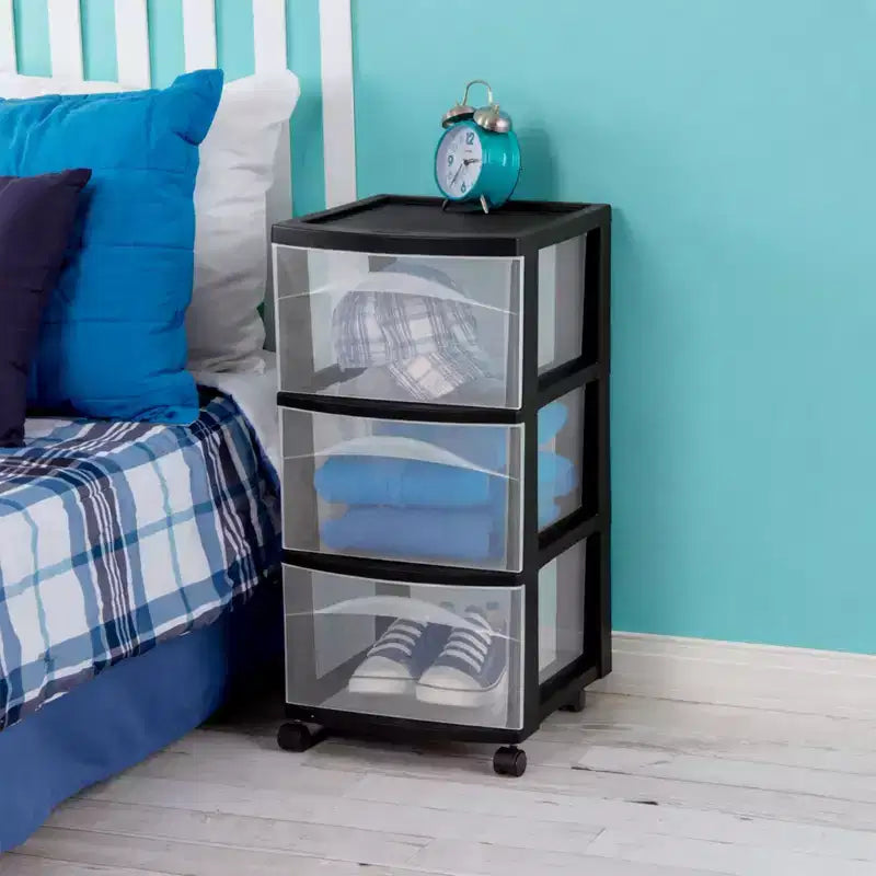 Chariot de rangement Sterilite à 3 tiroirs, Organiseur roulant moyen en plastique, Noir, Lot de 2