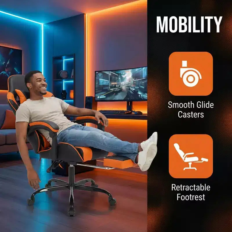 Chaise de jeu avec repose-pieds, chaise d'ordinateur ergonomique avec appuie-tête et support lombaire, chaise de jeu respirante et réglable en hauteur pour la maison et le bureau
