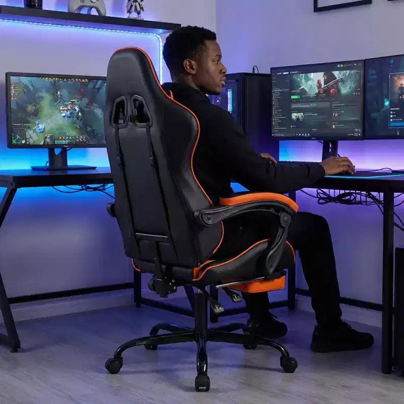 Chaise de jeu avec repose-pieds, chaise d'ordinateur ergonomique avec appuie-tête et support lombaire, chaise de jeu respirante et réglable en hauteur pour la maison et le bureau
