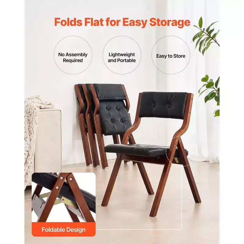 Chaises pliantes en bois VEVOR avec coussin en cuir, lot de 2, chaises pliantes portables avec coussin et cadre en bois, assemblage facile, noires