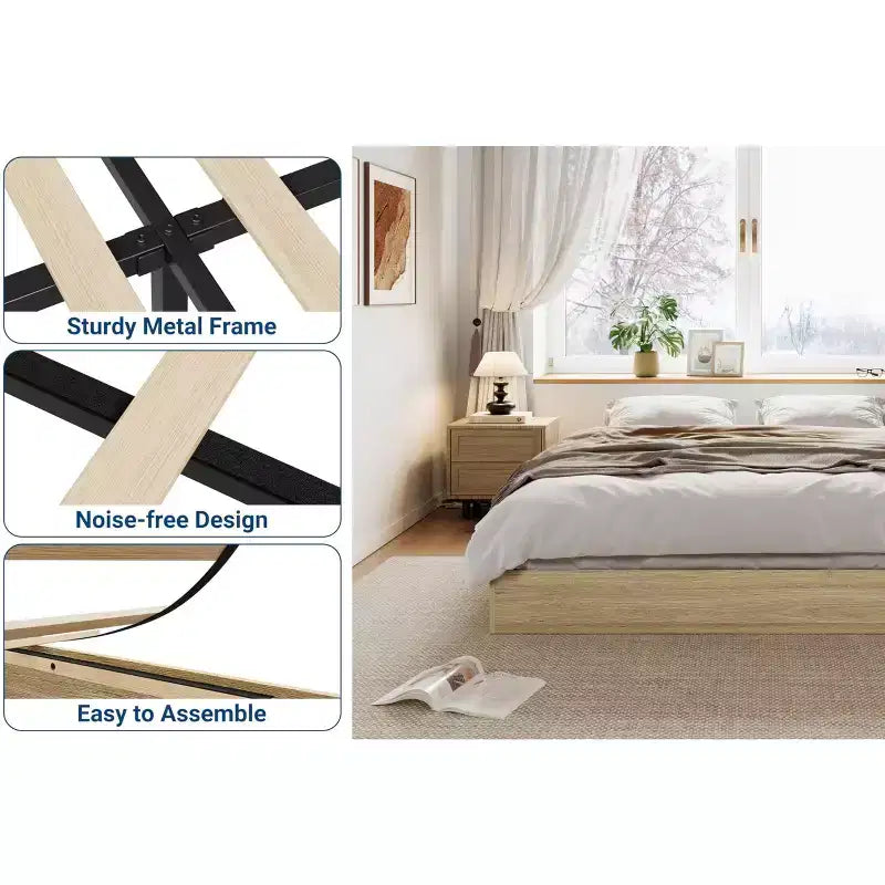 Cadre de lit plateforme, lit en bois avec sommier à lattes et sans besoin de sommier tapissier, assemblage facile, cadre de lit minimaliste sans tête de lit