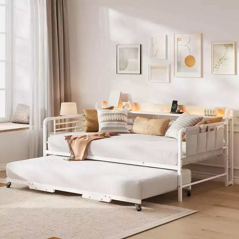 Coolmee Lit de repos double avec lit gigogne, tête de lit de rangement + station de recharge et sacs de rangement supplémentaires, lit-canapé robuste pour salon ou chambre d'amis