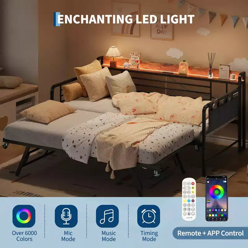 Coolmee Lit de repos double avec lit gigogne, tête de lit de rangement + station de recharge et sacs de rangement supplémentaires, lit-canapé robuste pour salon ou chambre d'amis
