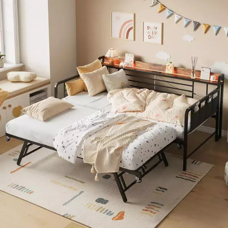 Coolmee Lit de repos double avec lit gigogne, tête de lit de rangement + station de recharge et sacs de rangement supplémentaires, lit-canapé robuste pour salon ou chambre d'amis