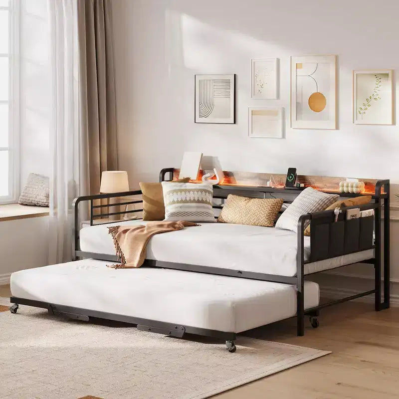 Coolmee Lit de repos double avec lit gigogne, tête de lit de rangement + station de recharge et sacs de rangement supplémentaires, lit-canapé robuste pour salon ou chambre d'amis