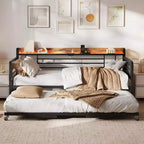 Coolmee Twin Daybed with Trundle, Storage Headboard + Charging Station & Extra Storage Bags, Sturdy Sofa Bed for Living Room Guest Room