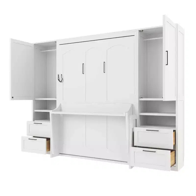 Lit escamotable Luxystar Full moderne avec 2 armoires, 4 tiroirs et étagères, blanc