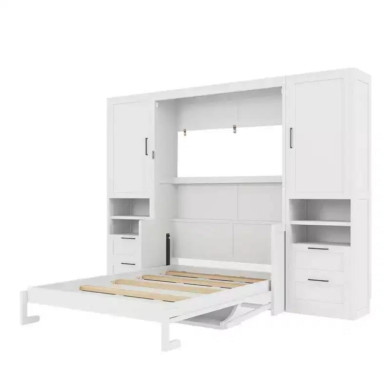 Lit escamotable Luxystar Full moderne avec 2 armoires, 4 tiroirs et étagères, blanc