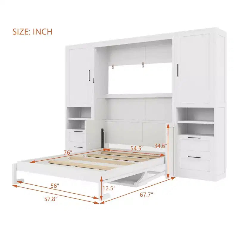 Lit escamotable Luxystar Full moderne avec 2 armoires, 4 tiroirs et étagères, blanc