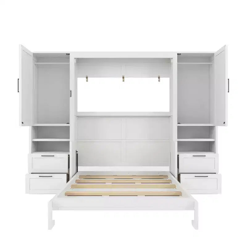 Lit escamotable Luxystar Full moderne avec 2 armoires, 4 tiroirs et étagères, blanc