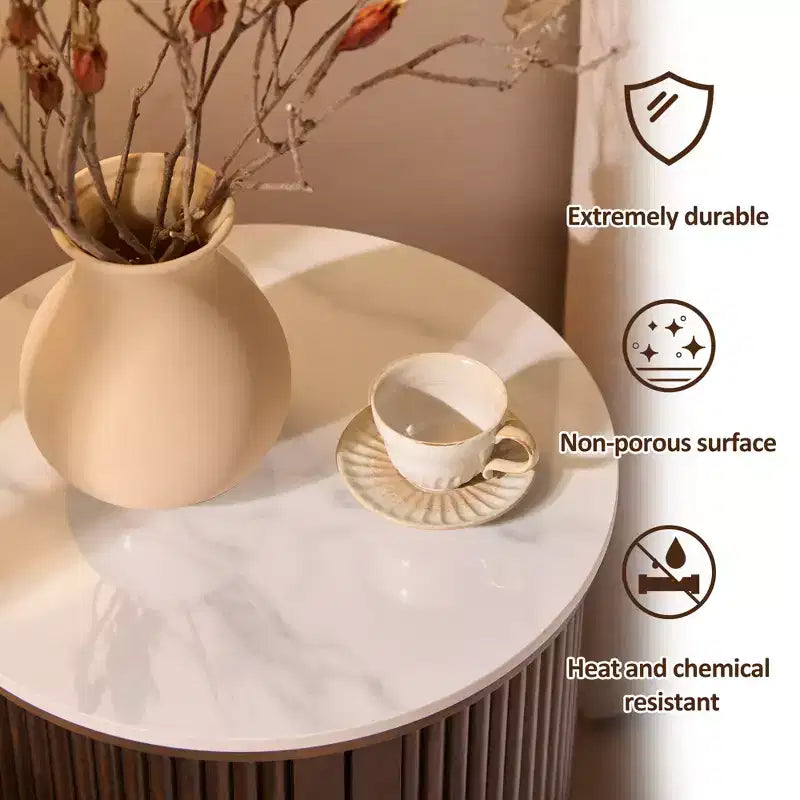 Table d'appoint circulaire en marbre artificiel avec espace de rangement, table de chevet moderne médiévale, adaptée aux chambres et salons - Morden Fort