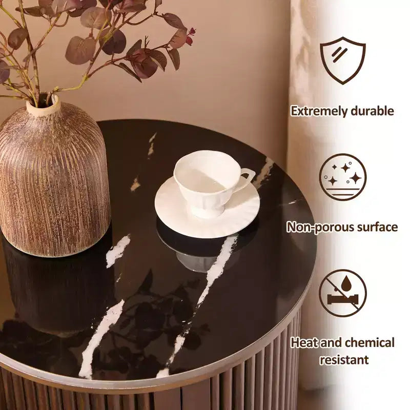 Table d'appoint circulaire en marbre artificiel avec espace de rangement, table de chevet moderne médiévale, adaptée aux chambres et salons - Morden Fort