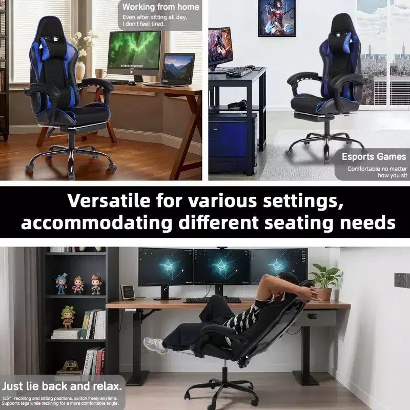Chaise de jeu en cuir PU avec dossier inclinable et repose-pieds rétractable, chaise de bureau pivotante à dossier haut pour joueurs et bureau à domicile - Panipeachy