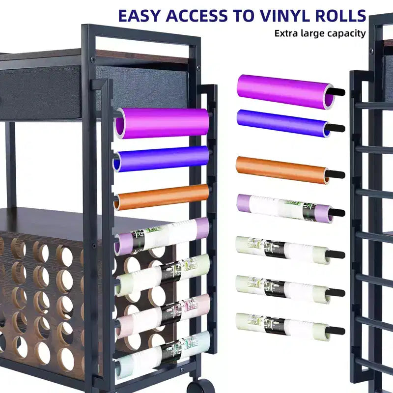 Meuble de rangement mobile pour loisirs créatifs avec support pour rouleaux de vinyle et support pour presse à chaud, organisateur compatible avec roulettes et tiroir pour salle de loisirs créatifs