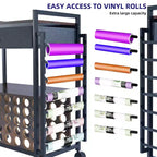 Meuble de rangement mobile pour loisirs créatifs avec support pour rouleaux de vinyle et support pour presse à chaud, organisateur compatible avec roulettes et tiroir pour salle de loisirs créatifs