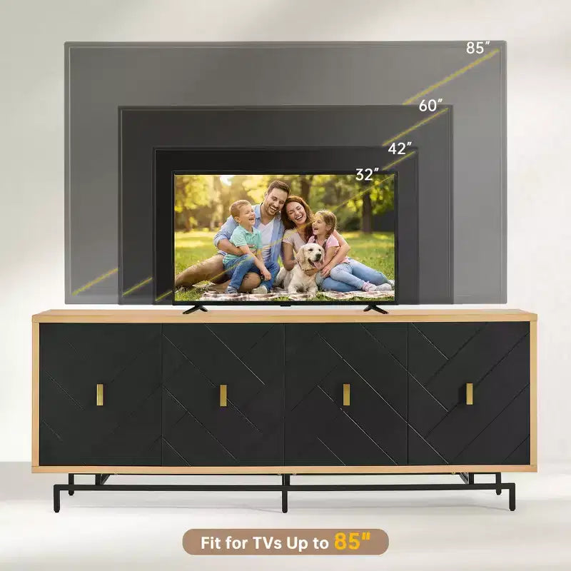 Meuble TV moderne noir de 188 cm pour centre de divertissement, grande console média avec 4 passe-câbles, base en métal pour salon - Morden Fort