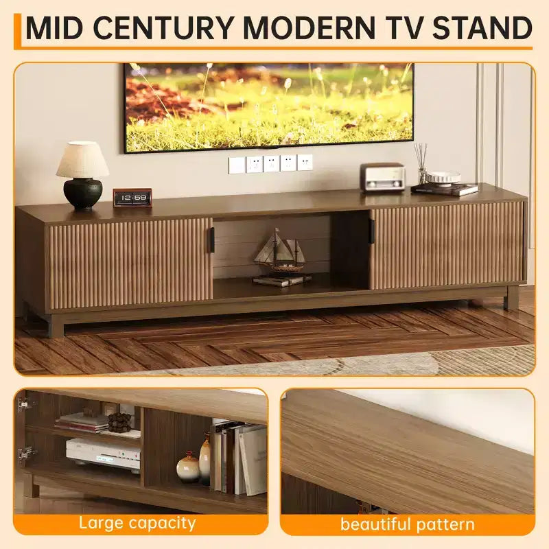 Meuble TV cannelé CuisinSmart, Meuble TV moderne du milieu du siècle avec étagère ouverte, Meuble TV en bois pour salon, Noyer