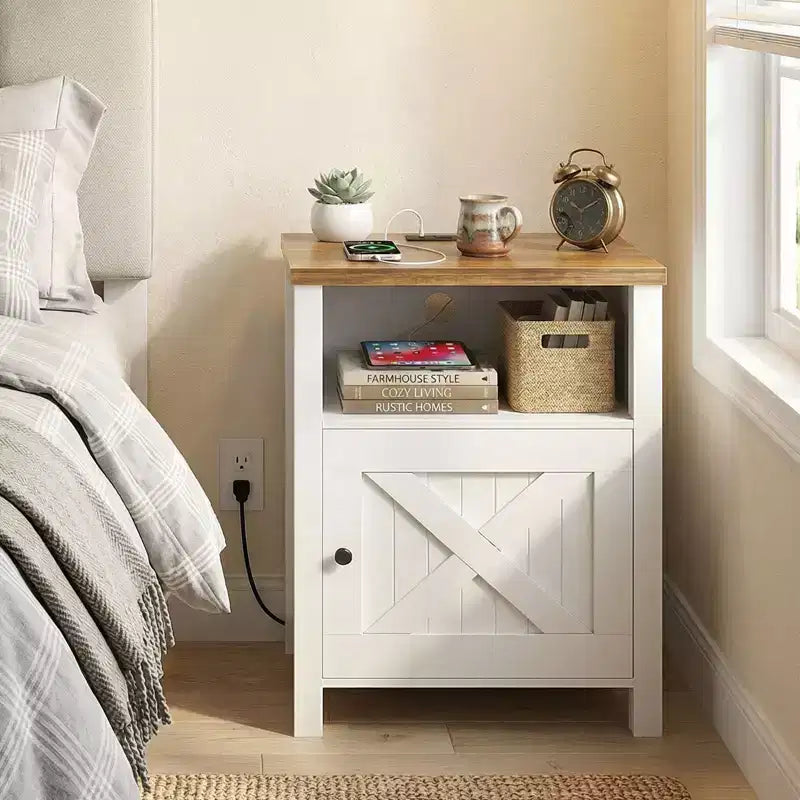 Table de chevet 2 PCS avec station de charge, table de chevet de style rustique avec étagère ouverte, armoire fermée, port USB et prise secteur, table de chevet avec rangement