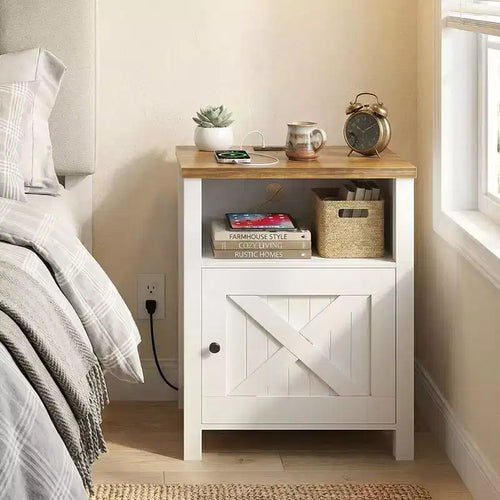 Table de chevet 2 PCS avec station de charge, table de chevet de style rustique avec étagère ouverte, armoire fermée, port USB et prise secteur, table de chevet avec rangement