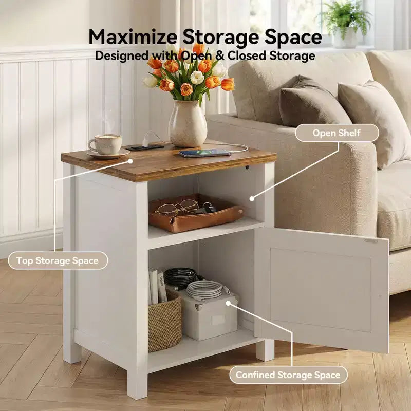 Table de chevet 2 PCS avec station de charge, table de chevet de style rustique avec étagère ouverte, armoire fermée, port USB et prise secteur, table de chevet avec rangement