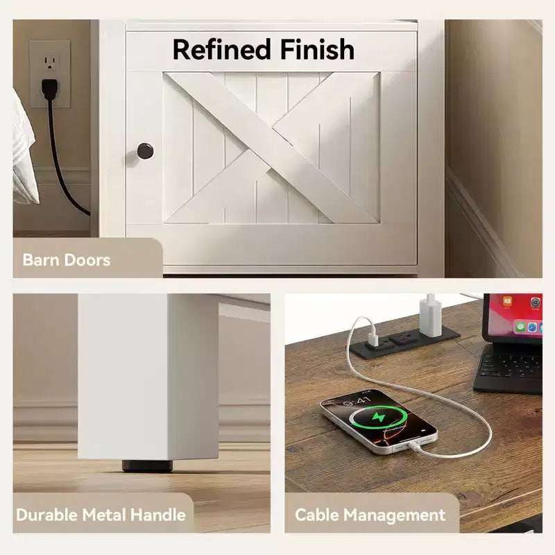 Table de chevet 2 PCS avec station de charge, table de chevet de style rustique avec étagère ouverte, armoire fermée, port USB et prise secteur, table de chevet avec rangement