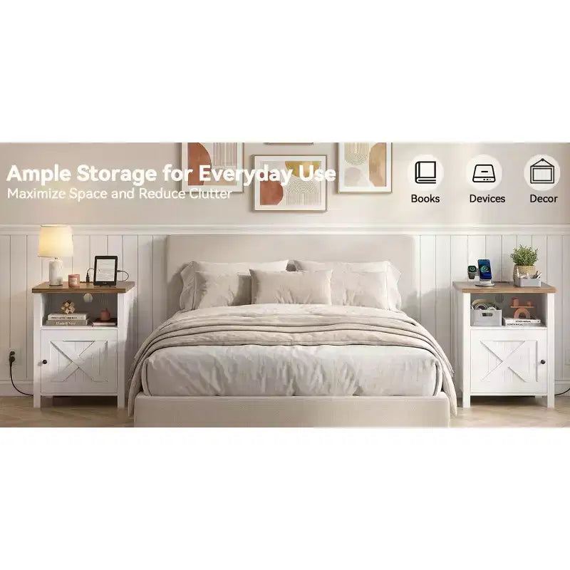 Table de chevet 2 PCS avec station de charge, table de chevet de style rustique avec étagère ouverte, armoire fermée, port USB et prise secteur, table de chevet avec rangement