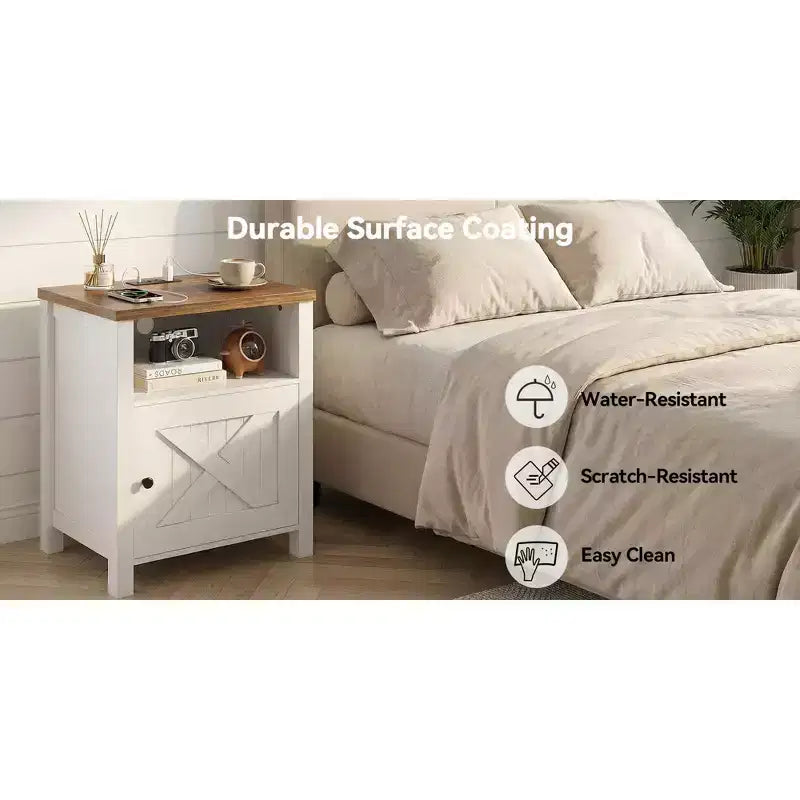 Table de chevet 2 PCS avec station de charge, table de chevet de style rustique avec étagère ouverte, armoire fermée, port USB et prise secteur, table de chevet avec rangement