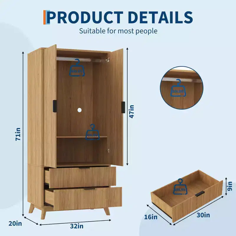 Armoire penderie en bois de 71 po avec 2 portes, tringle à vêtements, étagère réglable et 2 tiroirs, armoire de rangement autoportante pour chambre ou salle de sport