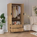 Armoire penderie en bois de 71 po avec 2 portes, tringle à vêtements, étagère réglable et 2 tiroirs, armoire de rangement autoportante pour chambre ou salle de sport